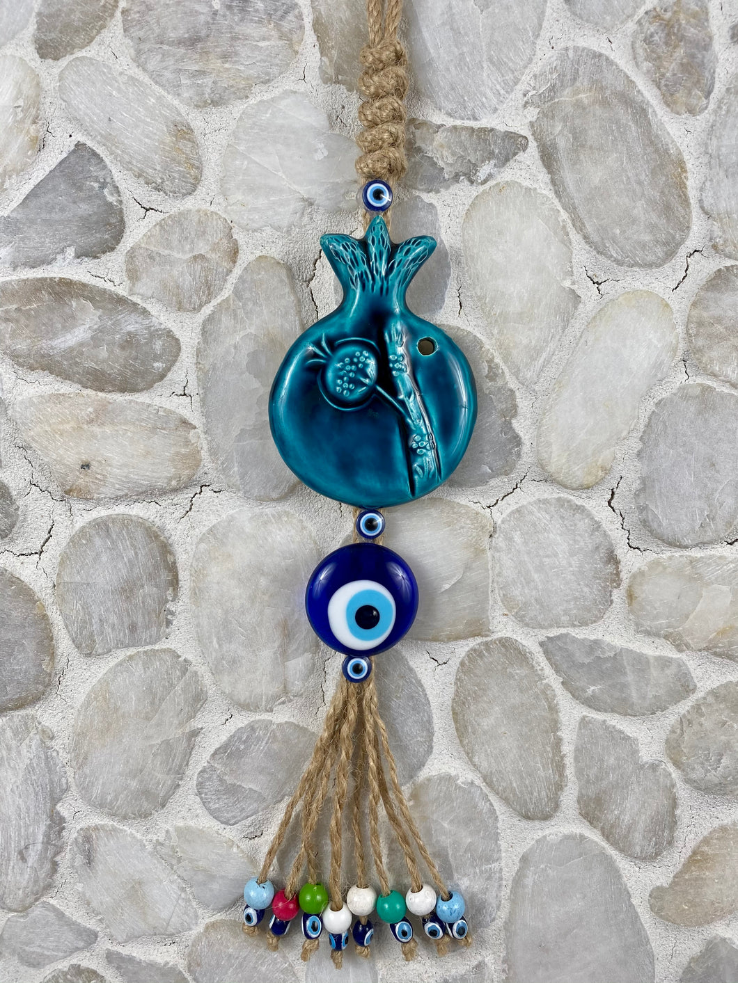 Turquoise Ceramic Pomegranate with Glass Evil Eye Mati and wooden beads Gouri SM11