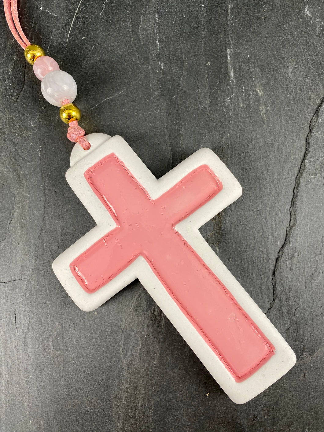 Pink and White Ceramic Hanging Cross with Murano Beads IG22