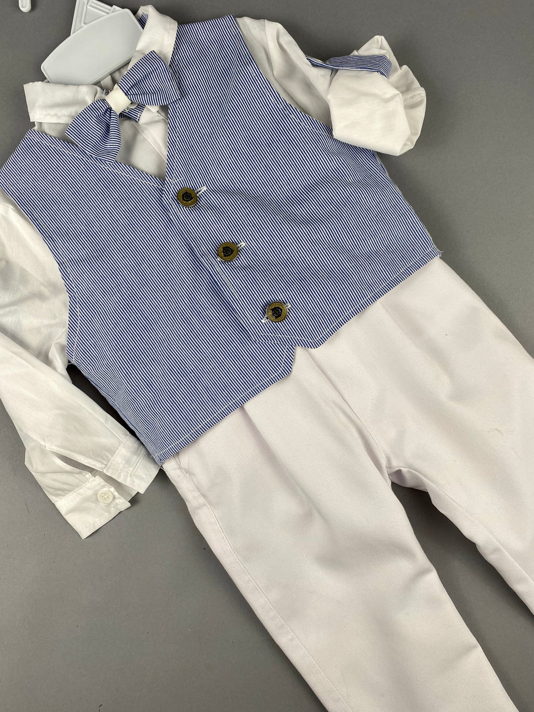 Rosies Collections 7pc full suit, Dress shirt Trimmed with Blue Stripe,Cuff sleeves, White Pants, Blue Pinstripe Jacket, Vest, Belt or Suspenders, Cap. Made in Greece exclusively for Rosies Collections S201910