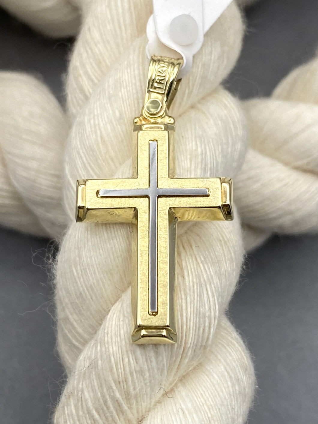 Triantos 14k 2 Tone Yellow and white Gold  Gold Cross Polished  and Brushed 3.65g 222535