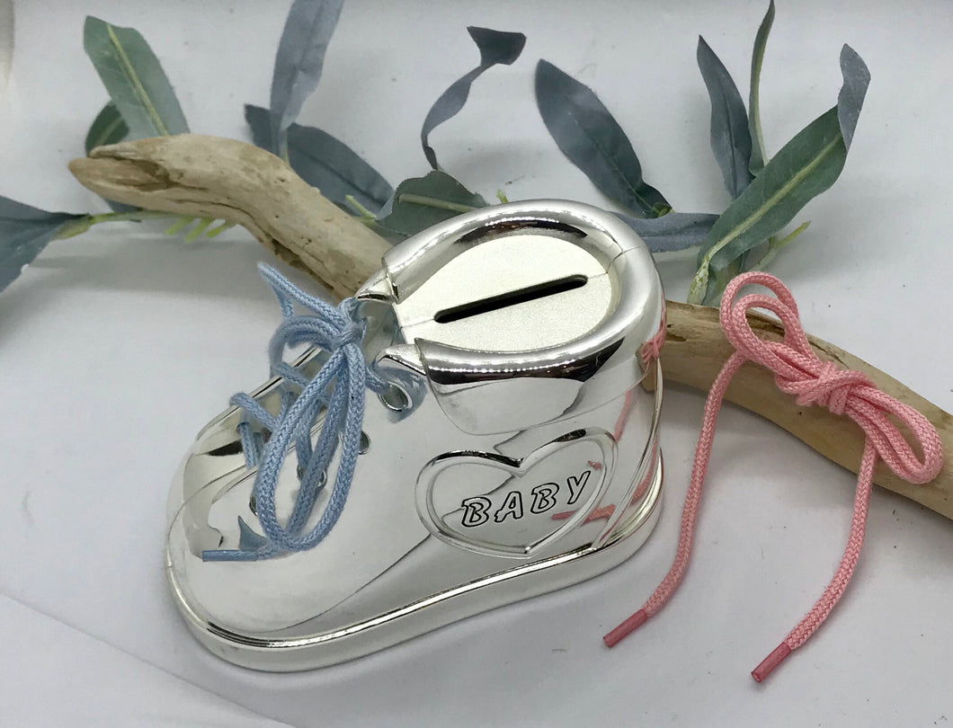 Baby Shoe Bank with Baby Blue and Pink Laces