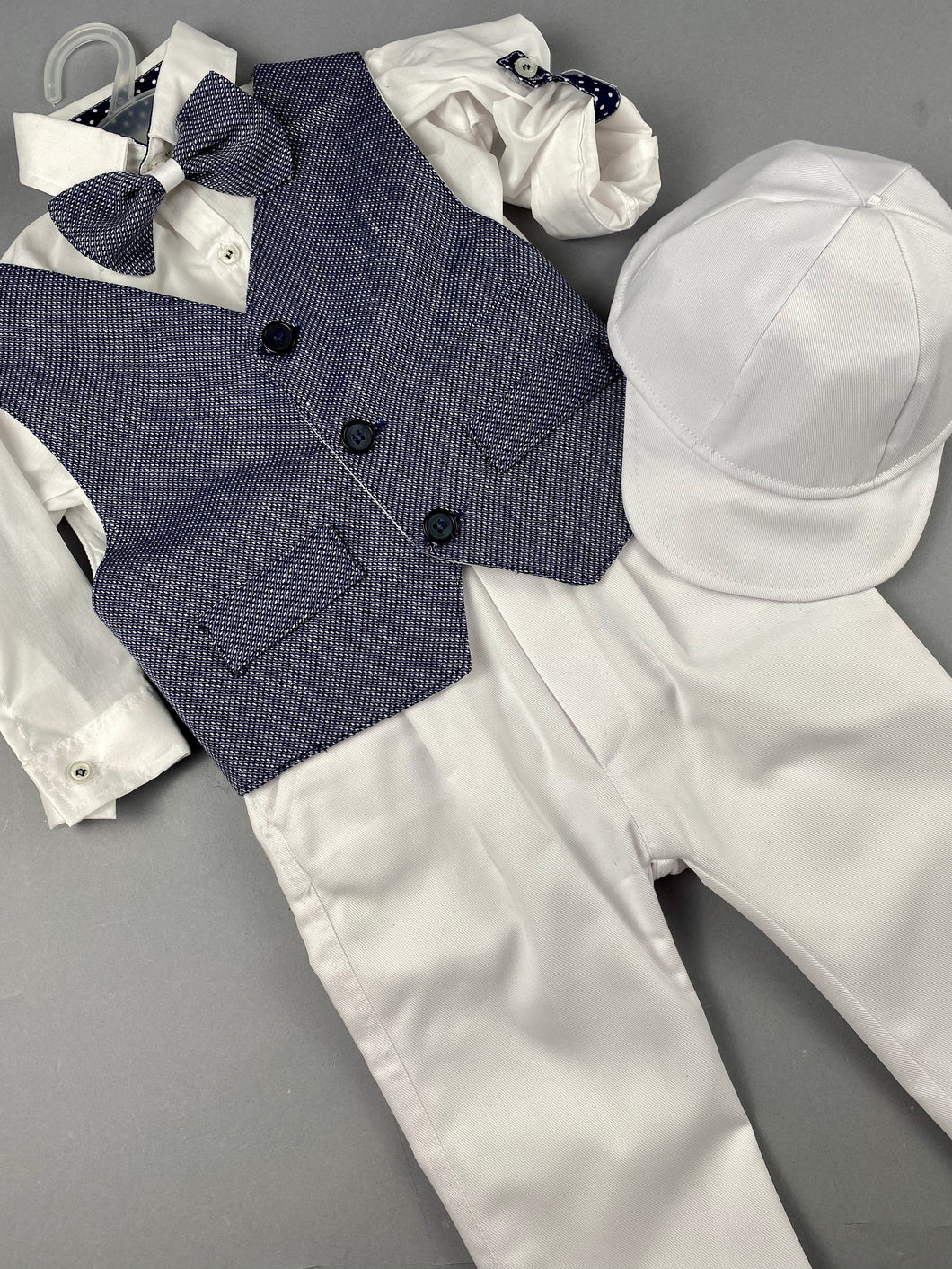 Rosies Collections 7pc full suit, Trimmed Dress shirt, Cuff sleeves, Pants, Jacket, Vest, Belt or Suspenders, Cap. Made in Greece exclusively for Rosies Collections S201924