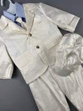 Load image into Gallery viewer, Rosies Collections 7pc full silk suit, Light Blue Dress shirt, Cuff sleeves, Pants, Jacket, Vest, Belt or Suspenders, Cap. Made in Greece exclusively for Rosies Collections S201921
