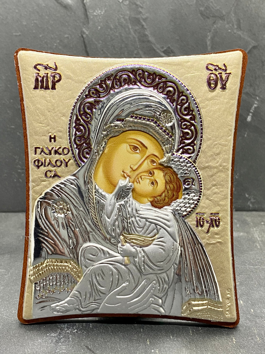 An original copy of Byzantine Holy Icon Glykofilousa made with 925* Rose Gold on Cherry Wood  SI23