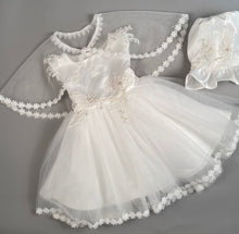 Load image into Gallery viewer, Dress 3 Girls Christening Baptismal Embroidered Dress with Pearl Accents, Matching  Cape  and Hat
