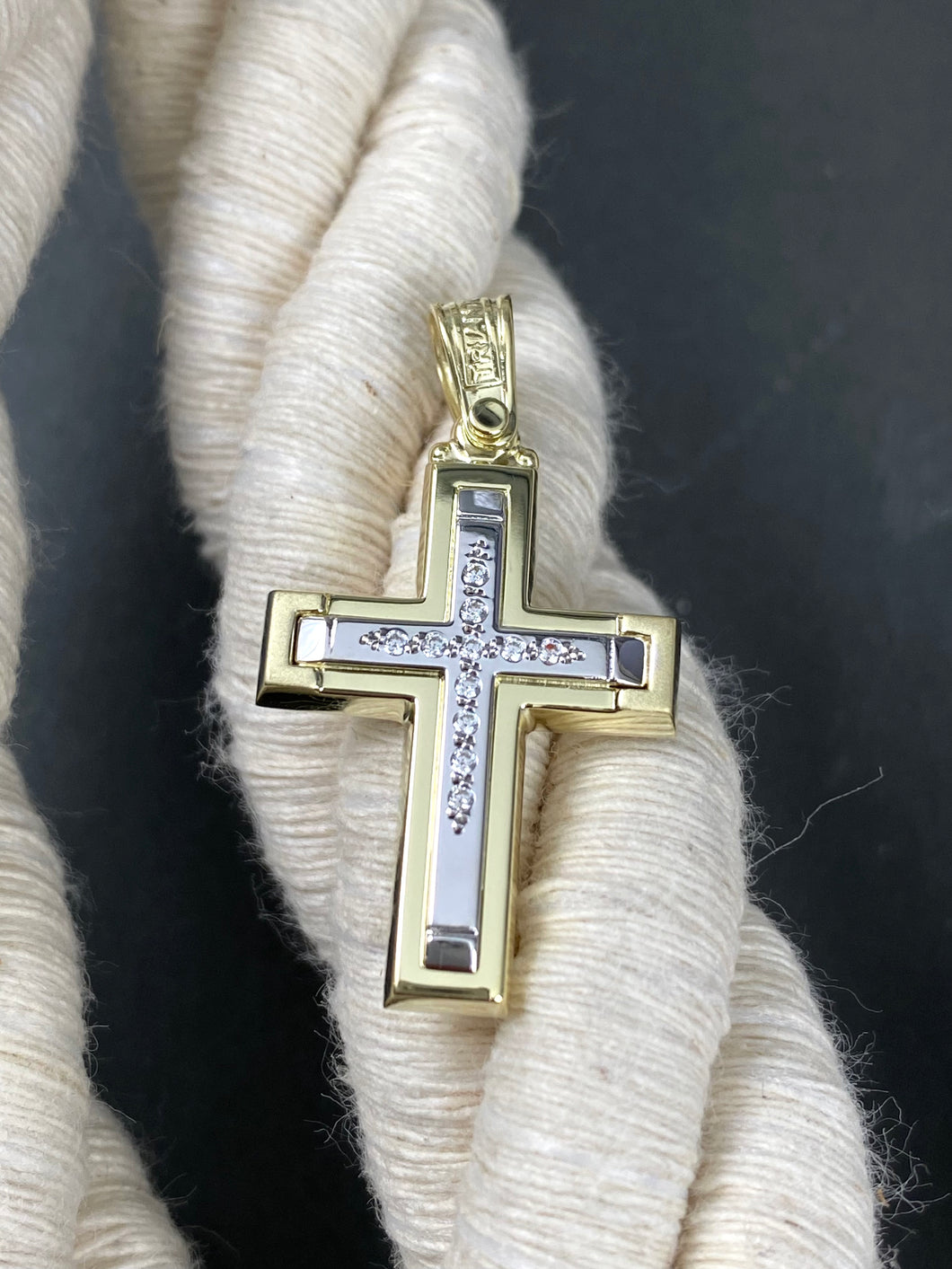 Triantos 14k 2 Tone White and Yellow Gold Polished and Brushed Cross with Precious Stones 3.60g