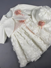 Load image into Gallery viewer, Dress 22 Girls Baptismal Christening Sleeveless  3pc Dress, with matching Bolero and Hat. Made in Greece exclusively for Rosies Collections.
