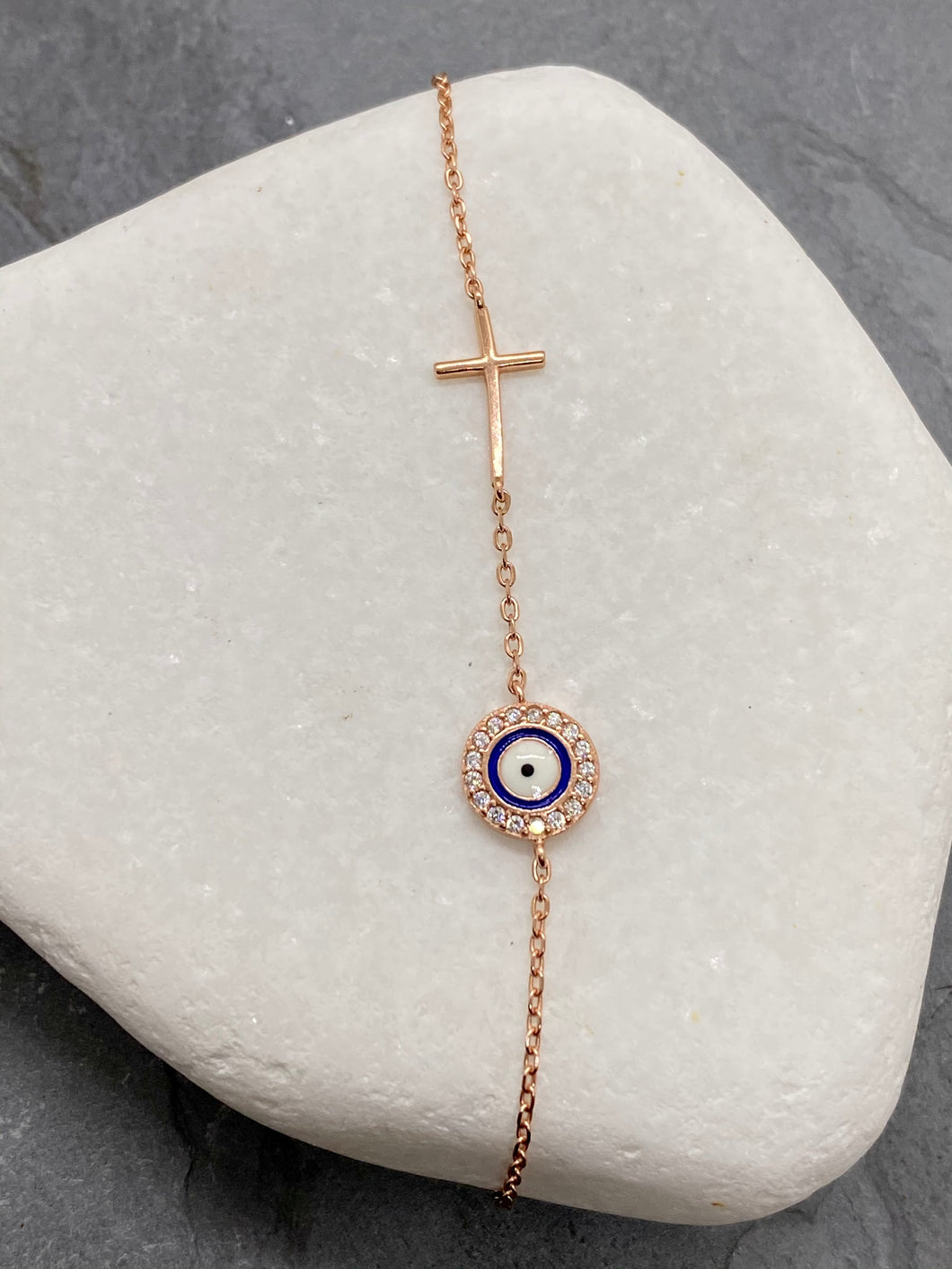 925” Sterling Rose Gold Evil Eye with Rhinestones and Cross RB2