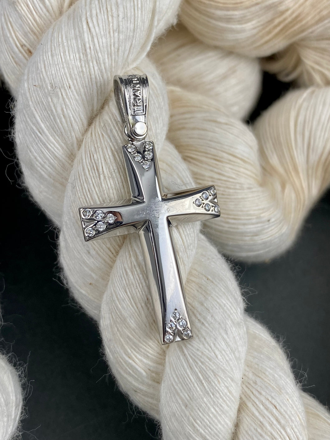Triantos 14k  White Gold Cross Polished  and Brushed with Precious Stones 3.20g 222615