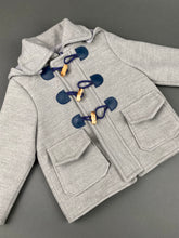 Load image into Gallery viewer, Grey with Navy Blue Trim Cashmere Blend Coat with Zipper, Wooden Buckles and Removable Hoodie  BC2
