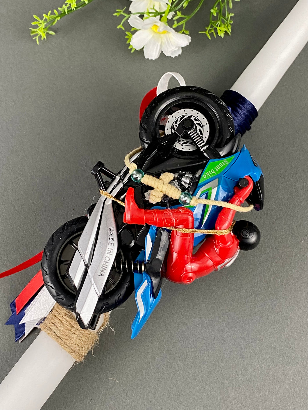 Corded Easter Candle with Pull back motorcycle with Cross Bracelet EC202381