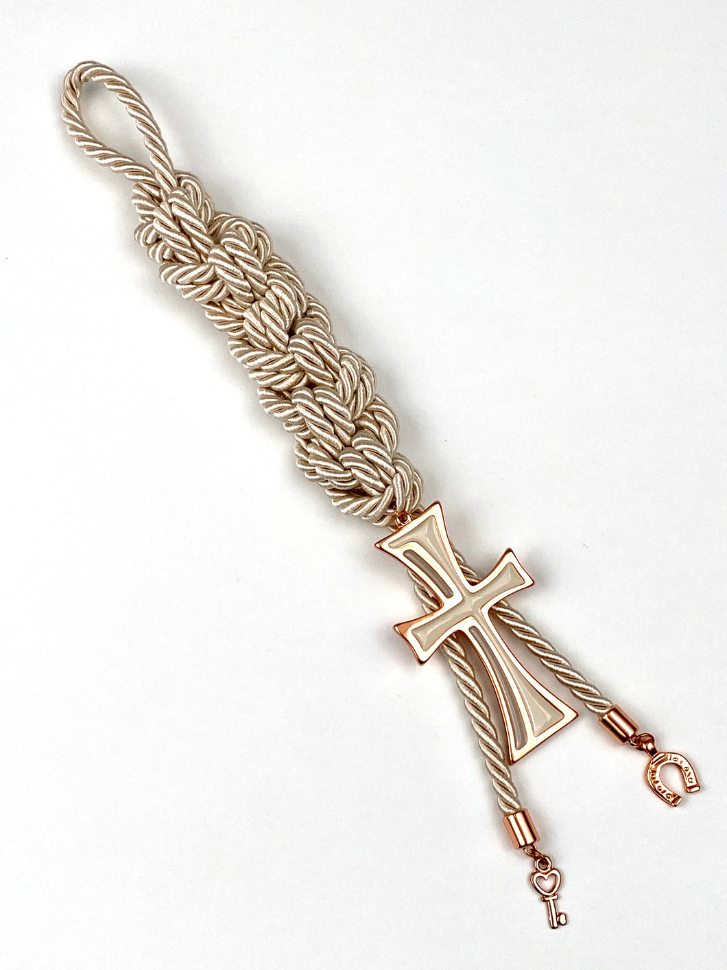Rose gold Metal Cross on Champagne Double Corded Braid