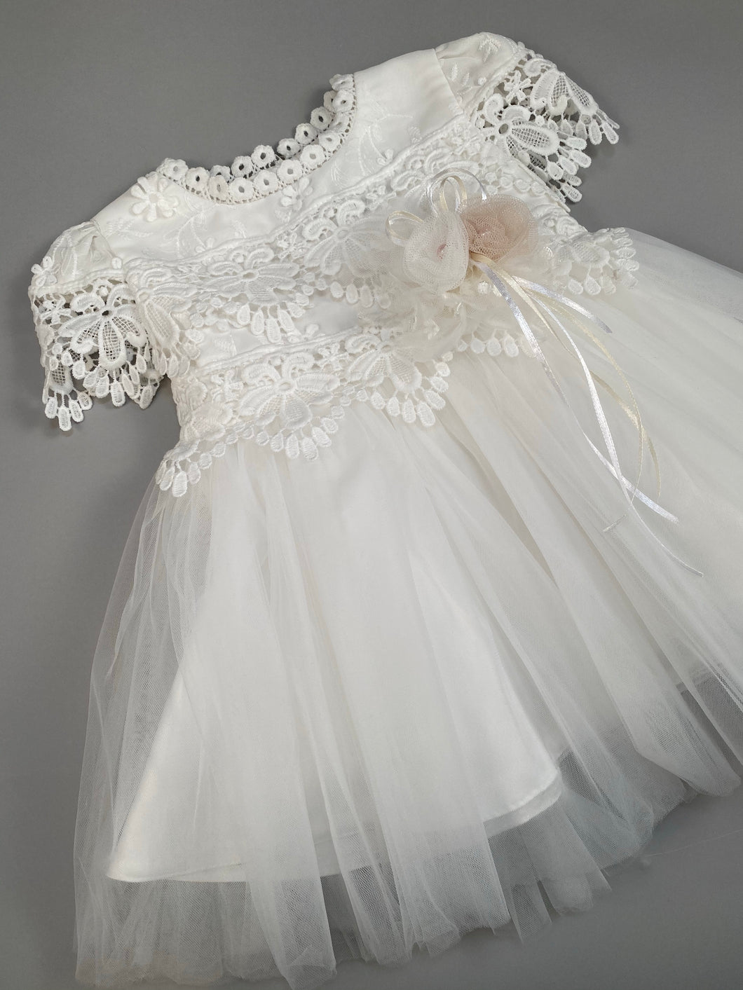 Dress 6 Girls Christening Baptismal Lace Dress with Flowers and Pearls