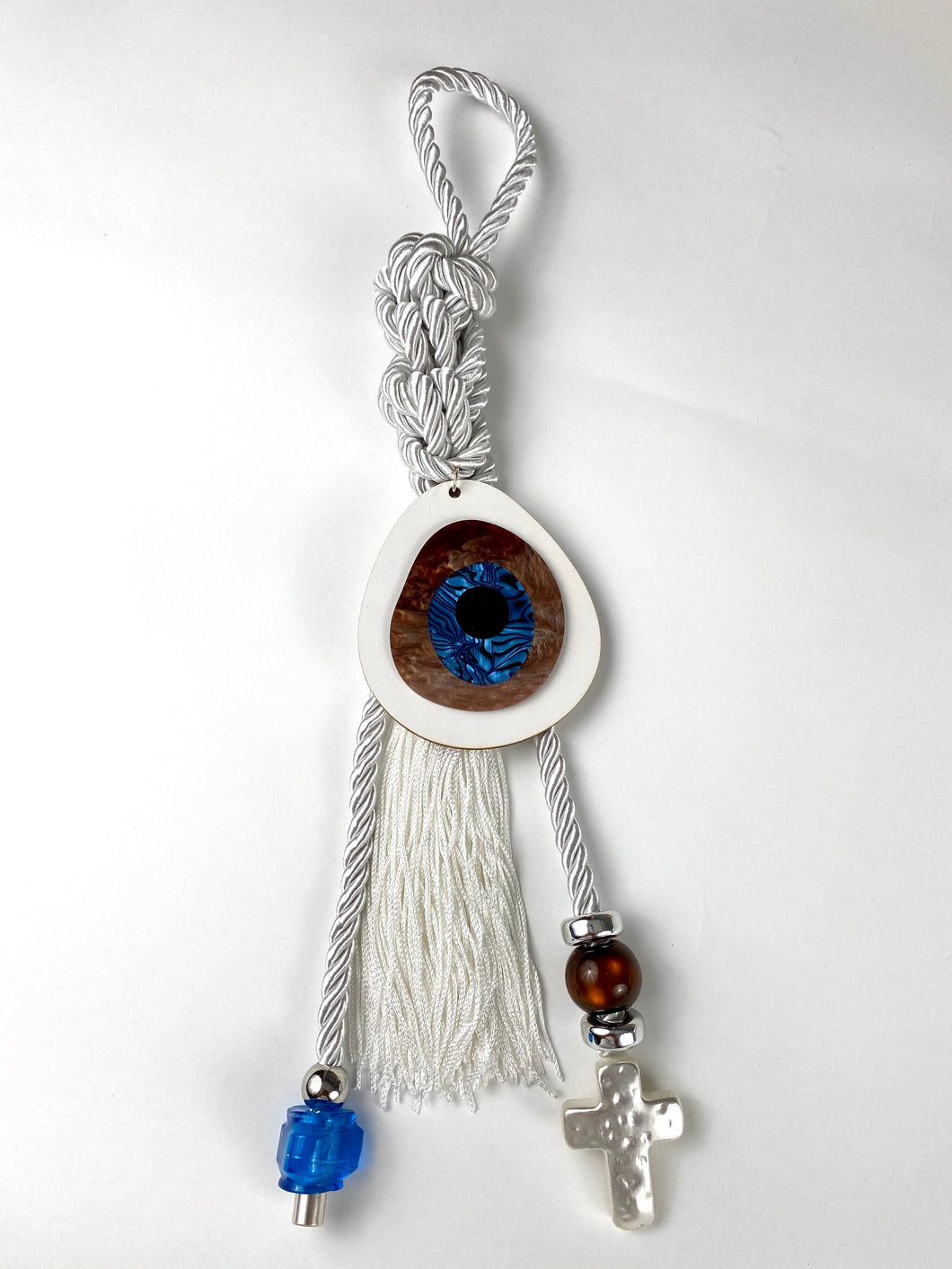 Gouri 1027 Pearl cord Gouri with large acrylic Evil eye, Murano glass beads and metal cross with large tassel. 18” in length