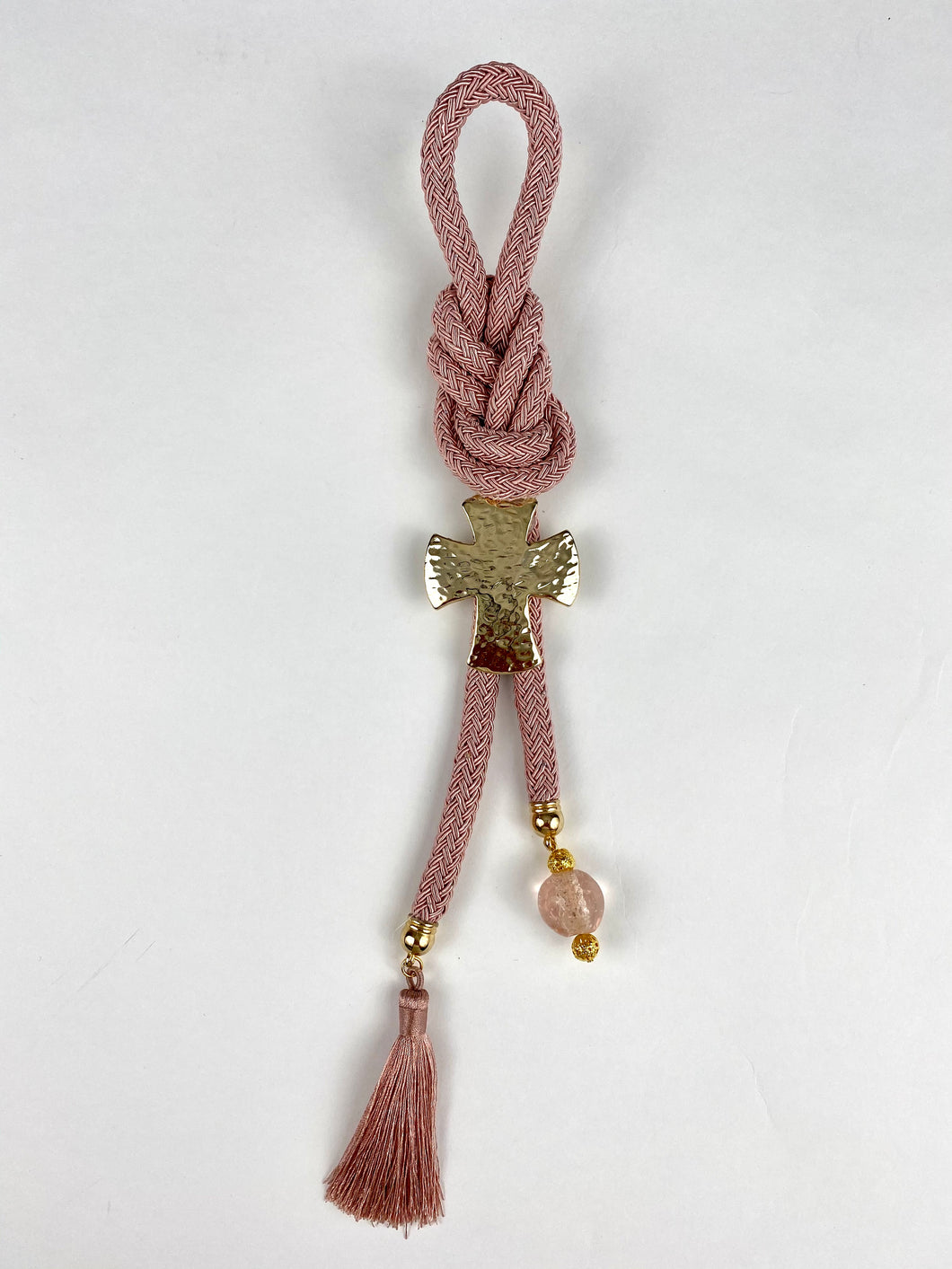Gouri 202013 Dusty Rose Braided Cord with Large Hammered Gold Cross, tassel and Murano Glass Bead