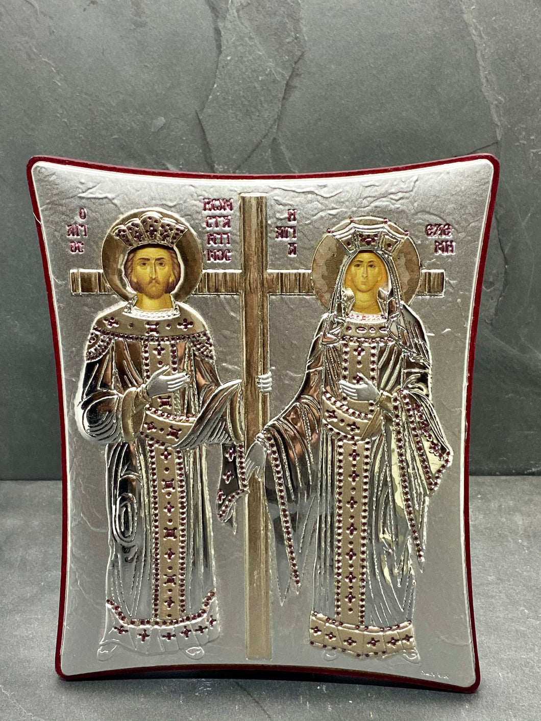 An original copy of Byzantine Holy Icon Ag. Konstantinos & Eleni made with 925* Silver on Cherry Wood  SI22
