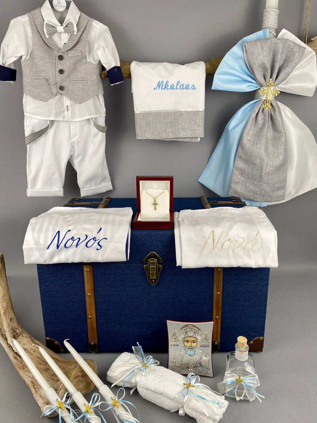 Baptism Package Grey with Navy Blue and Light Blue Accents, Triantos Gold Cross, Nona and Nono Aprons, Treasure Chest BBP4