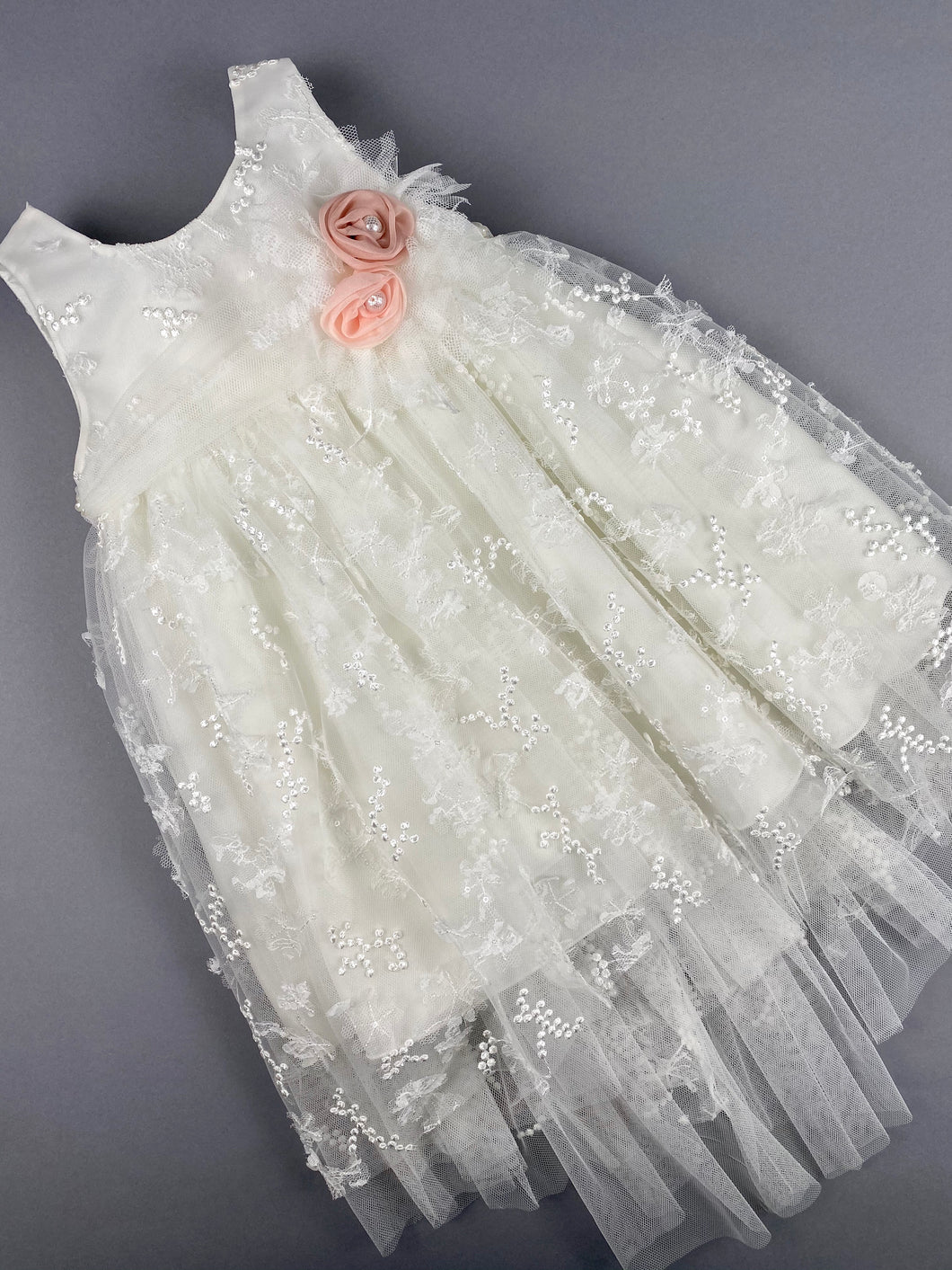 Dress 28 Girls Baptismal Christening Sleeveless  3pc French Lace Layered  Dress with long French Lace trail, matching Bolero and Hat. Made in Greece exclusively for Rosies Collections.