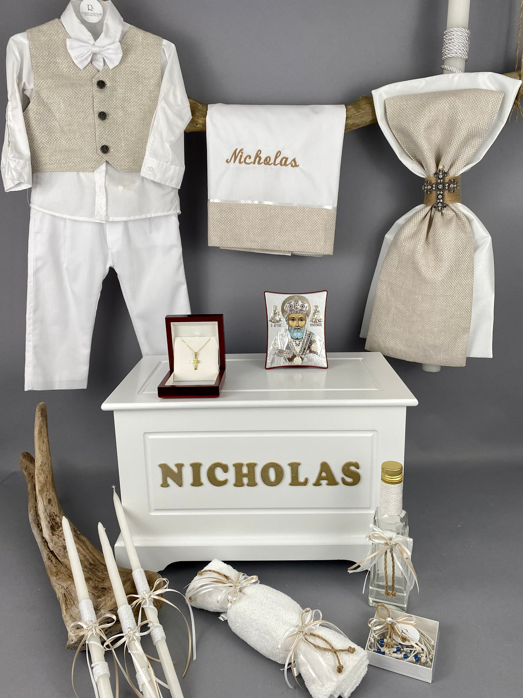 Baptism Package Full Piece Suit, Gold and Burlap Accents Triantos Gold Cross and Personalized Treasure Chest BBP5