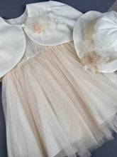 Load image into Gallery viewer, Dress 60 Girls Baptismal Christening Dress very light glitter dusty rose with sequence top, matching Bolero and Hat. Made in Greece exclusively for Rosies Collections.

