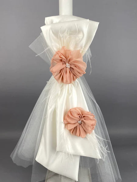 White Satin Double Bow 32” Baptismal Candle with Feathers, Dusty Rose Flowers GC20222