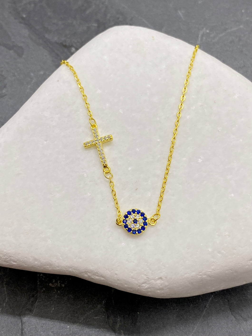 925” Sterling Gold Evil Eye Mati with Rhinestone Cross Necklace GN2