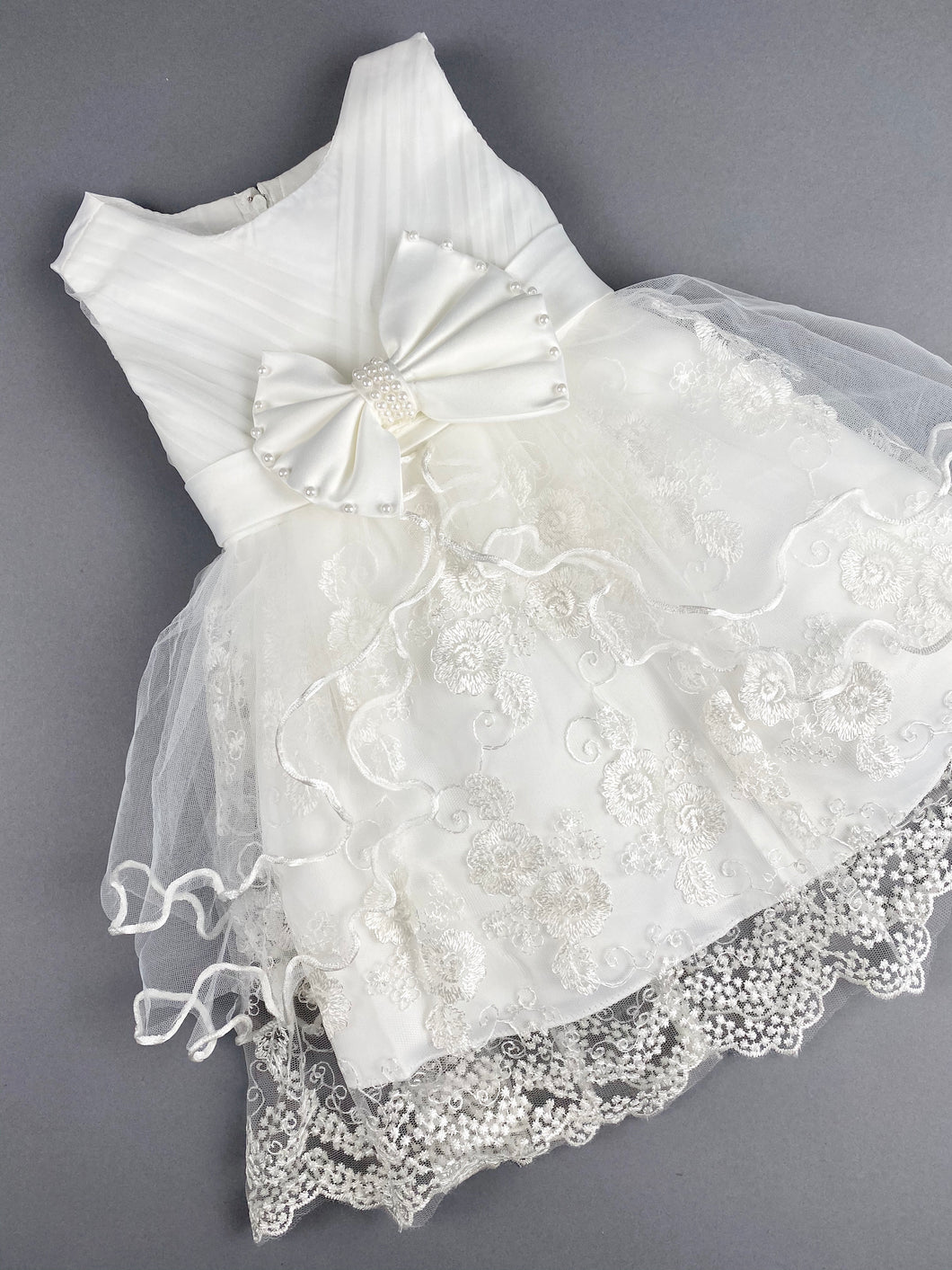 Girls Christening Baptismal Embroidered Dress 44 with Pearl Accent Bow Belt