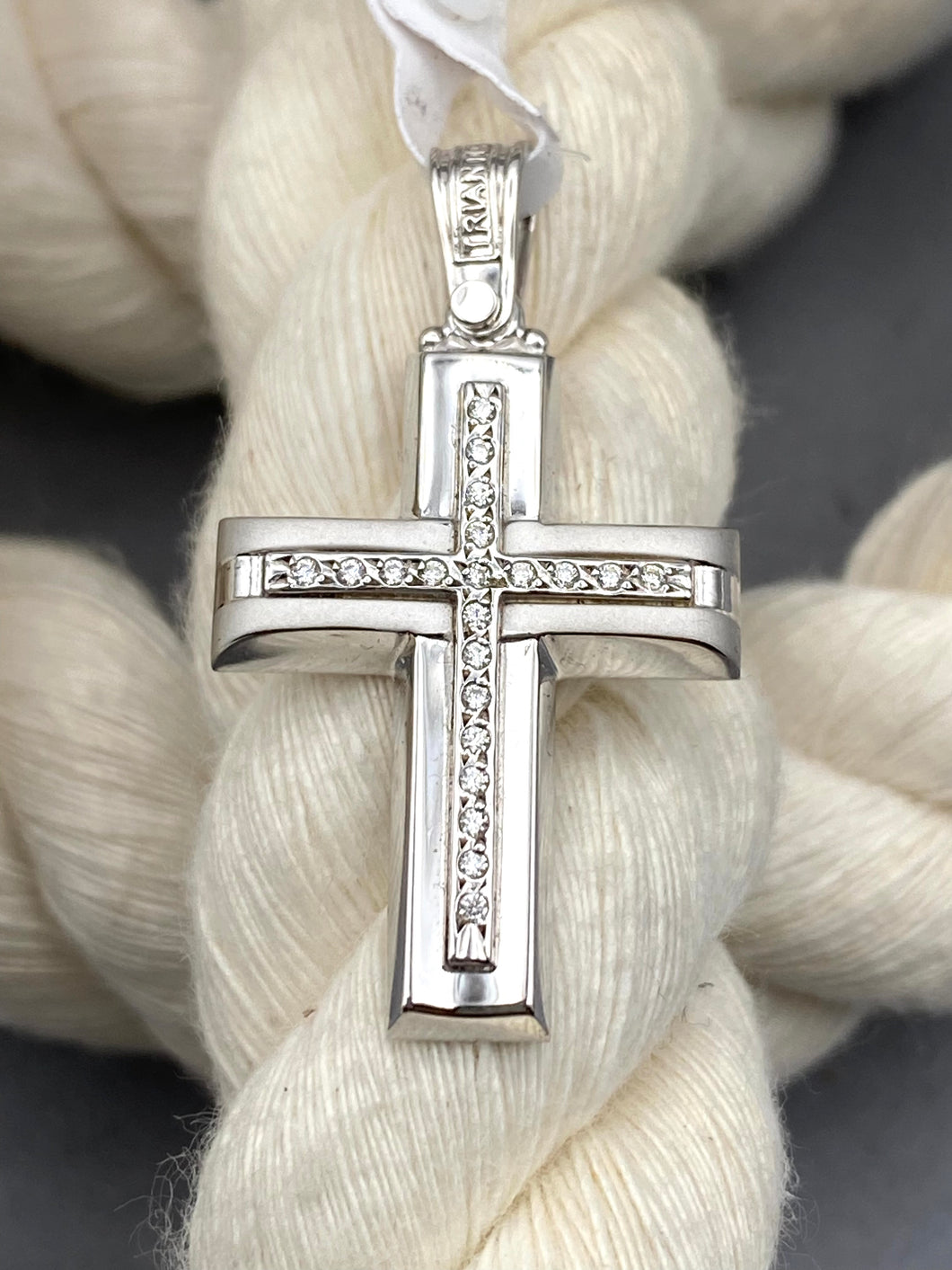 Triantos 14k White Gold Cross Polished  and Brushed with Precious Stones 4.15g 222548