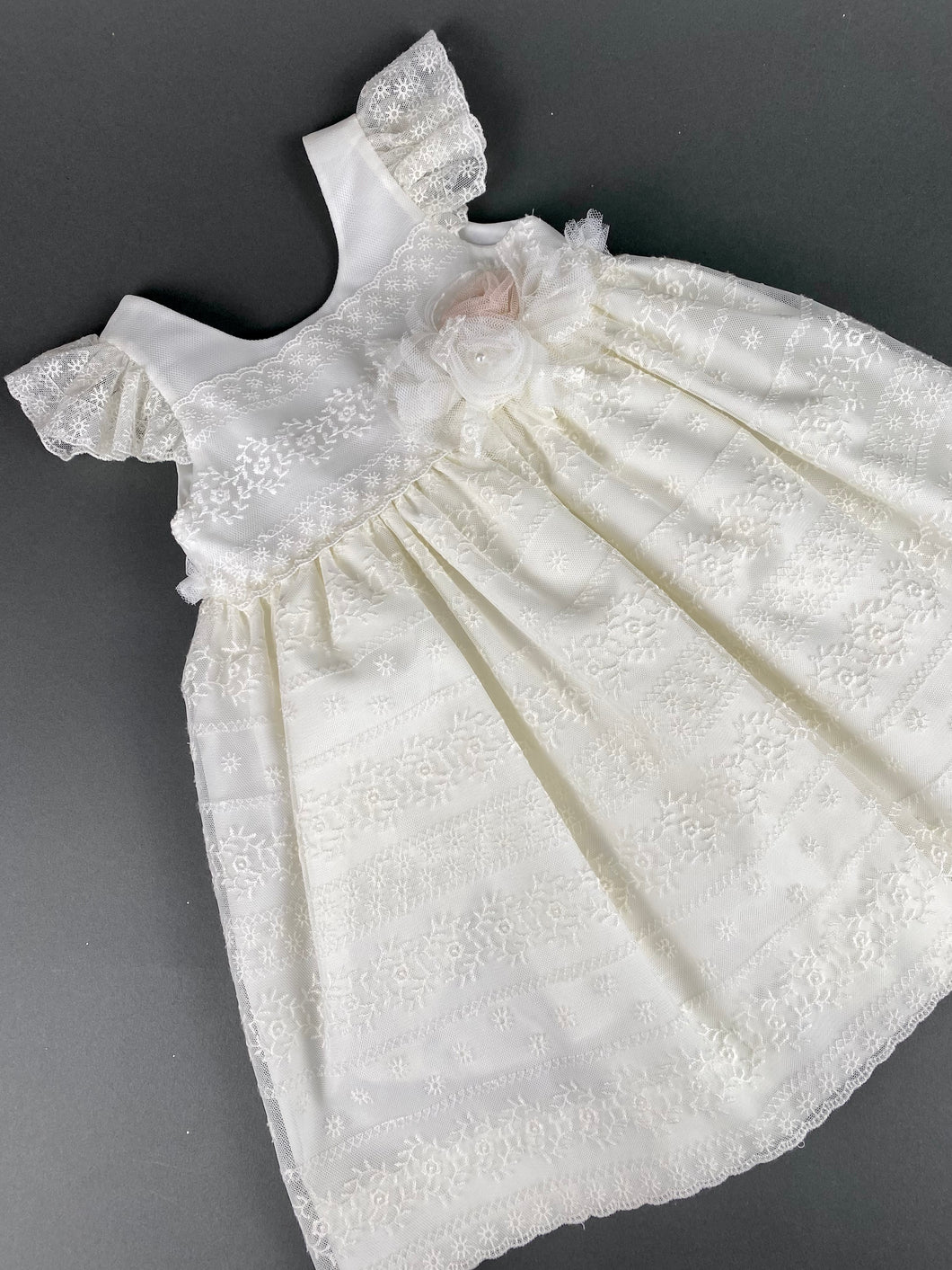 Dress 67 Girls Baptismal Christening Embroidered French Lace with Cap Sleeves, matching Bolero and Hat. Made in Greece exclusively for Rosies Collections