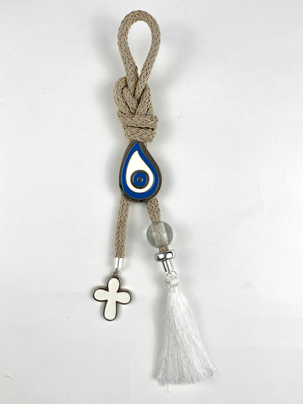Metal tear drop evil eye with long tassel and large Murano glass bead with metal Cross