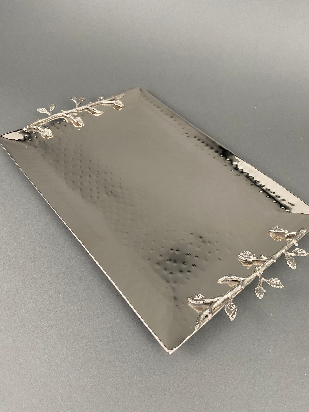 Hammered Rectangular Stainless Steel Tray with Silver Leaf Handles T108