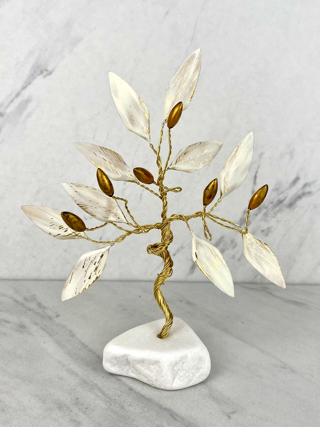 Handle Made Bronze Olive Tree with White Leaves and Olives on Marble Base T060979