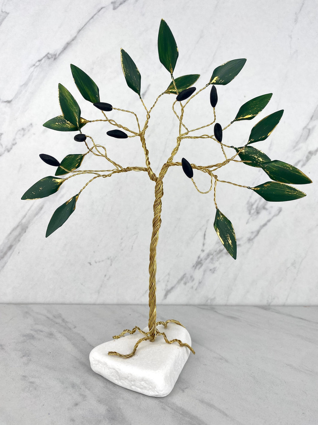Hand Made Bronze Olive Tree with Green Leaves and Olives on Marble Base T04034