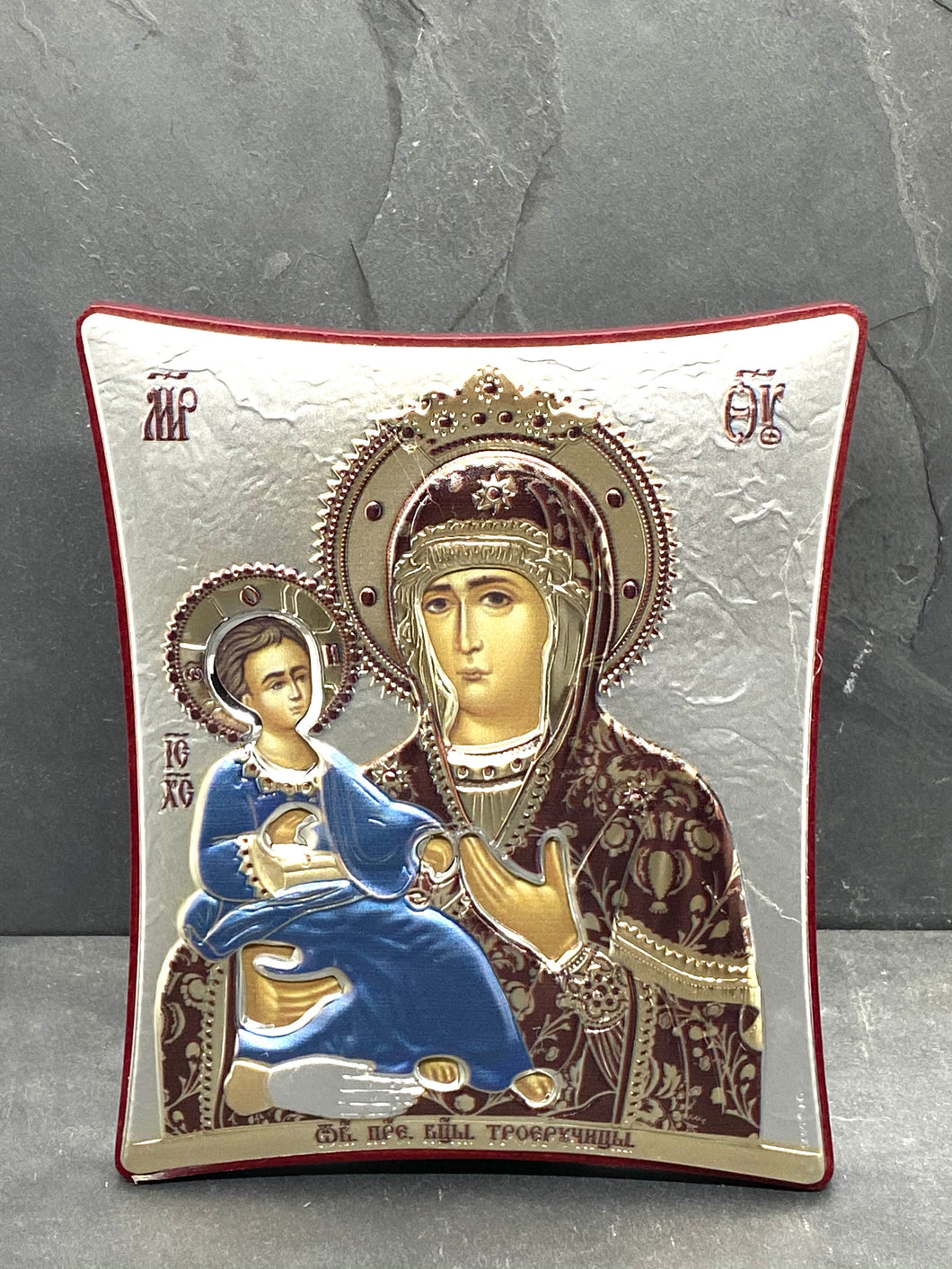 An original copy of Byzantine Holy Icon 3 Handed  made with 925* Silver on Cherry Wood  SI20
