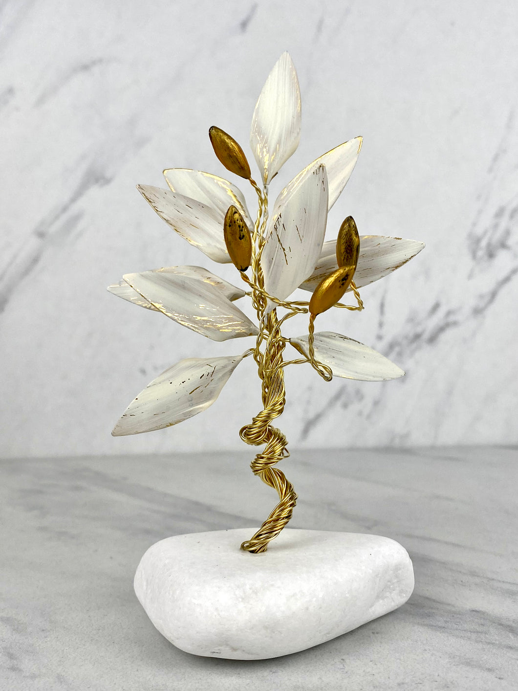 Hand Made Bronze Olive Tree with White Leaves and Olives on Marble Base T06043