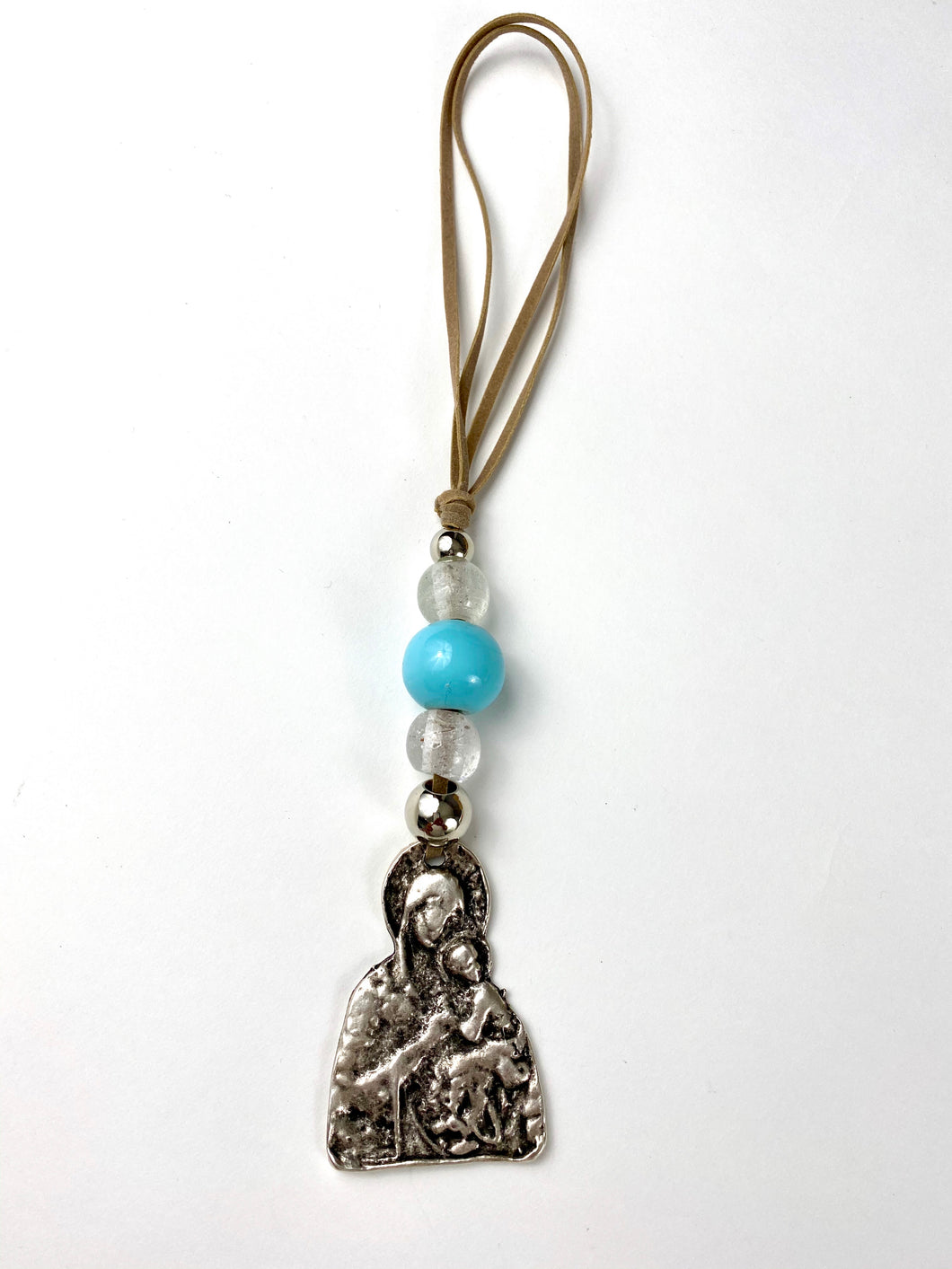 Panagia Icon with blue Murano Beads. 10” length
