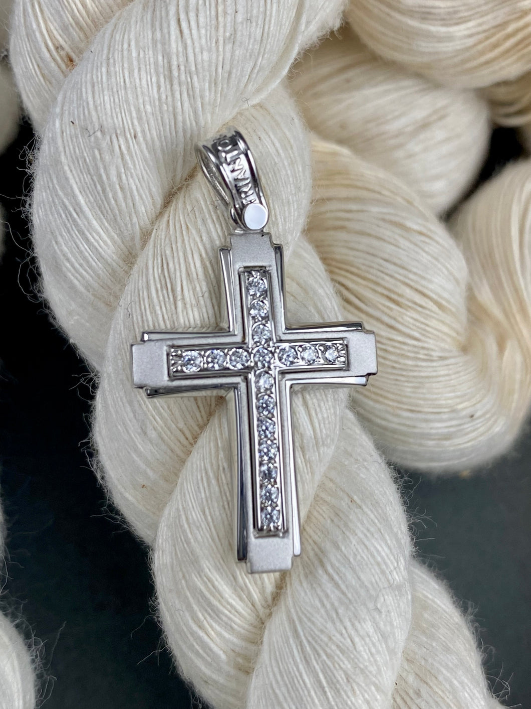 Triantos 14k  White Gold Cross Polished  and Brushed with Precious Stones 2.05g 222613