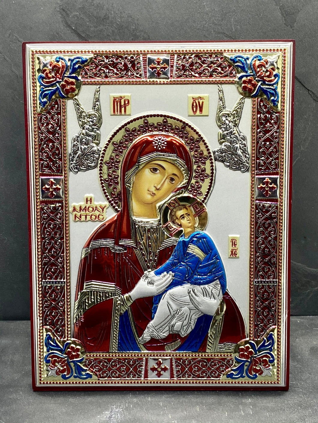 An original copy of Byzantine Holy Icon Amolyntos made with 925* Silver on Cherry Wood SI35