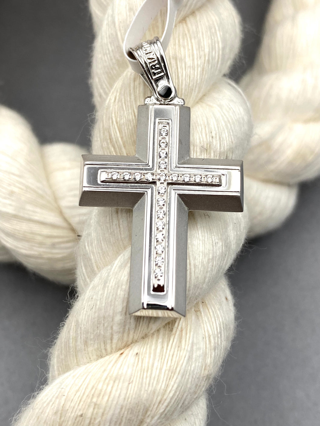 Triantos 14k White Gold Cross Polished  and Brushed with Precious Stones 3.20g 222541