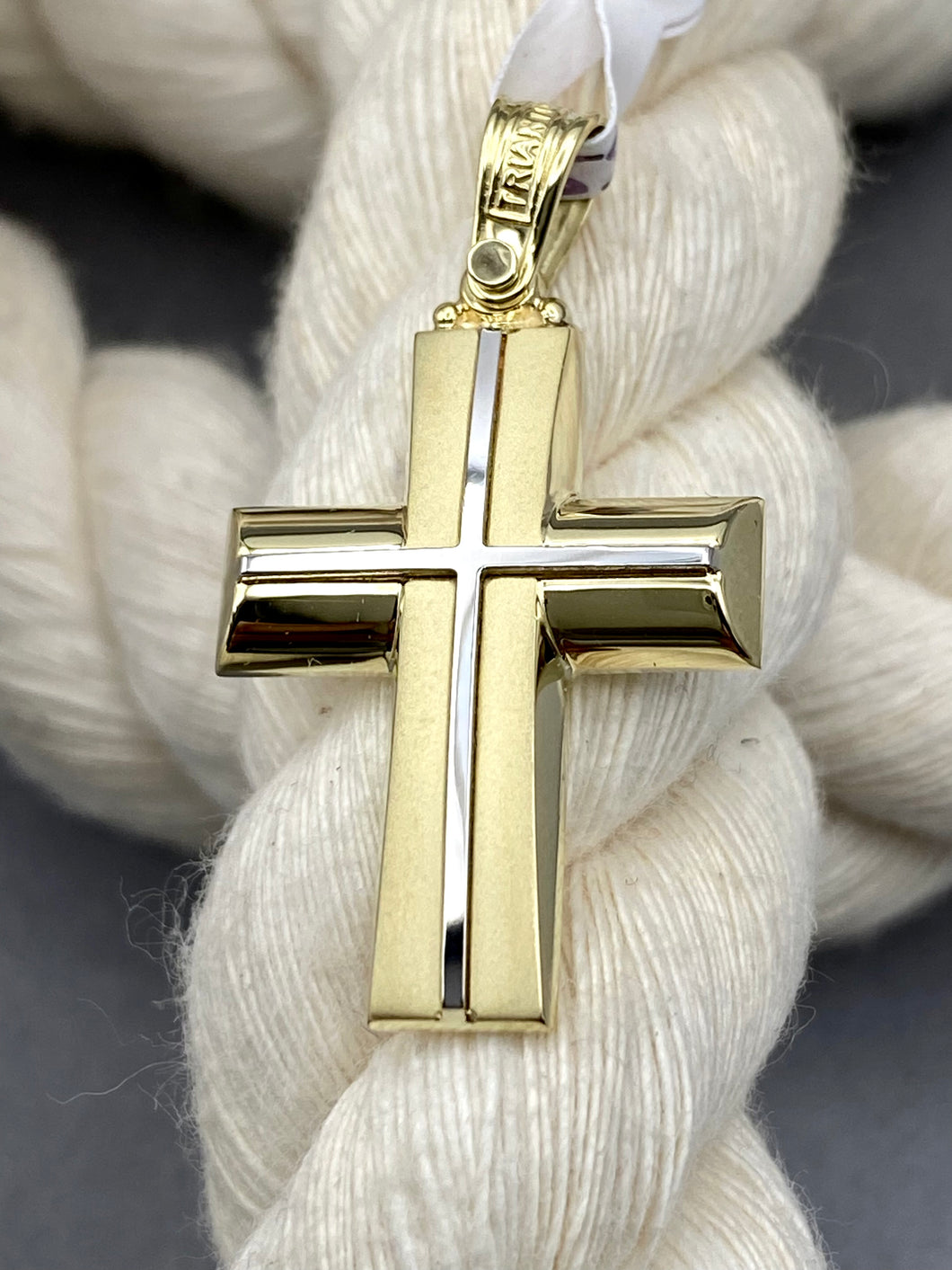 Triantos 14k 2 Tone White and Yellow  Gold Cross Polished  and Brushed with Precious Stones 3.65g 222550