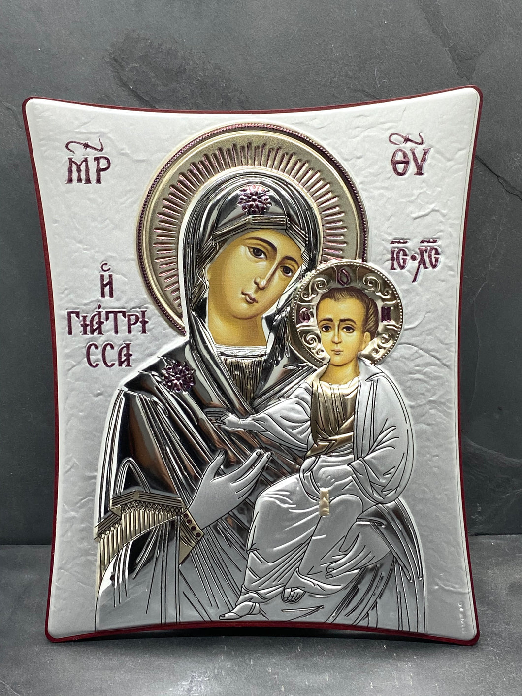 An original copy of Byzantine Holy Icon Giatrissa made with 925* Silver on Cherry Wood  SI1
