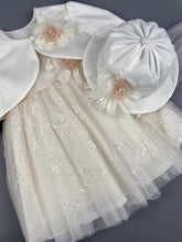 Load image into Gallery viewer, Dress 57 Girls Baptismal Christening Cap Leave  French Lace Dress, with matching Bolero and Hat. Made in Greece exclusively for Rosies Collections.
