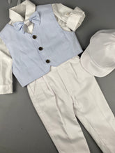 Load image into Gallery viewer, Rosies Collections 7pc full suit, Dress shirt with cuff sleeves, White Pants, Baby Blue Pinstripe Jacket, Belt or Suspenders, Cap. Made in Greece exclusively for Rosies Collections S20196
