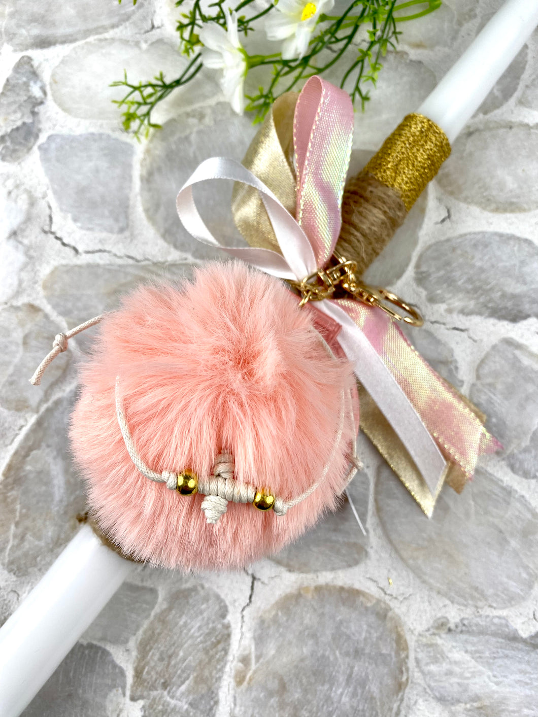 Corded Easter Candle Double Mirror Pompom with Keychain and Cross Bracelet EC202373