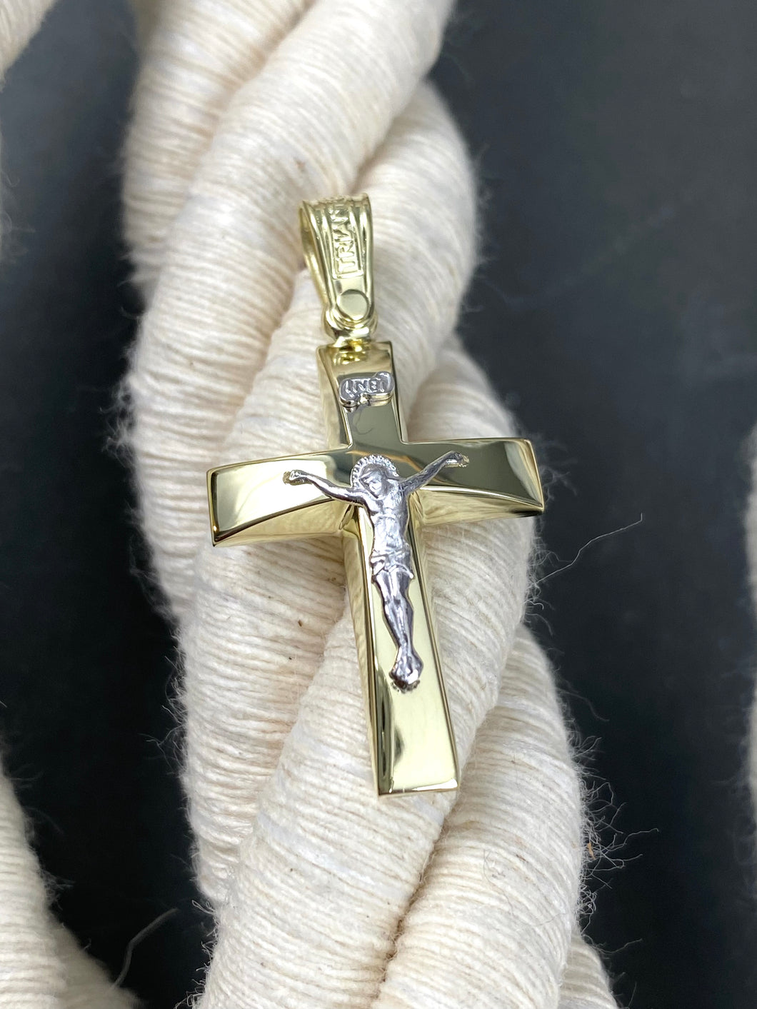 Triantos 14k 2 Tone White and Yellow Gold Polished and Brushed Cross