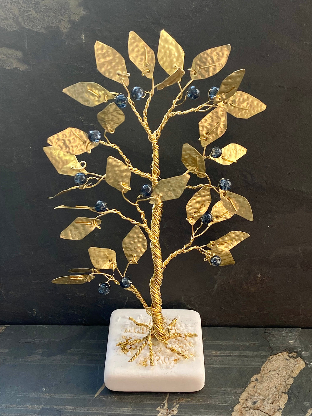 Hand Made Hammered Bronze Olive Leaf Tree with Murano Glass on Marble Base OTH3