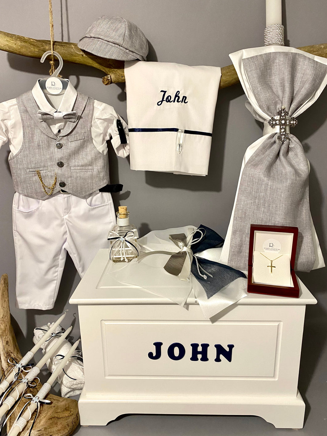 Baptism Package Grey with Navy Blue Accents, Triantos Gold Cross and Personalized Treasure Chest BBP3