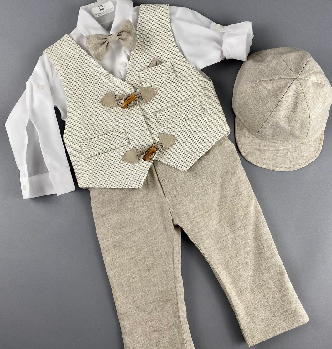 Rosies Collections 7pc full suit, Dress shirt with cuff sleeves, Bow Tie, Pants, Jacket with Matching Vest with Wooden Buttons,  Belt or Suspenders & Cap. Made in Greece exclusively for Rosies Collections S202336