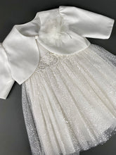 Load image into Gallery viewer, Dress 68 Girls Baptismal Christening Embroidered French Glitter Lace with Cap Sleeves, matching Bolero and Hat. Made in Greece exclusively for Rosies Collections

