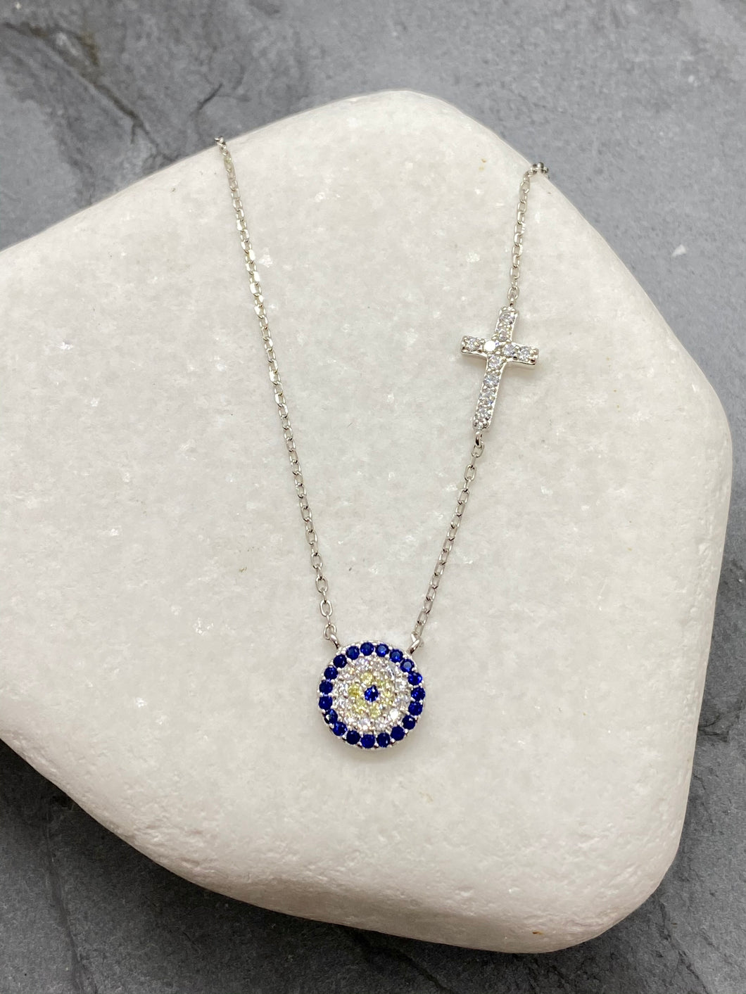 925” Sterling Silver Evil Eye Mati Necklace with Cross and Rhinestones